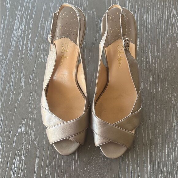 Cole Haan NIKE AIR Elegant Leather Light Pewter Open-Toe Slingback Heels Size 10 - Picture 2 of 12